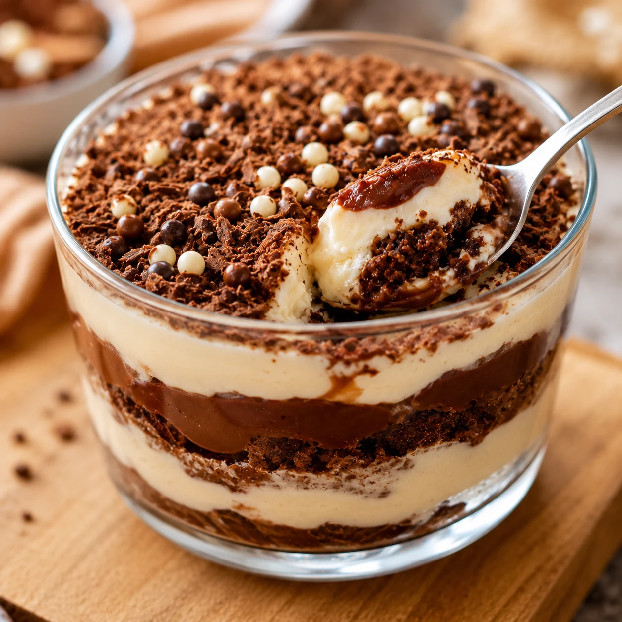 Postre individual en capas, servido en copa de vidrio
