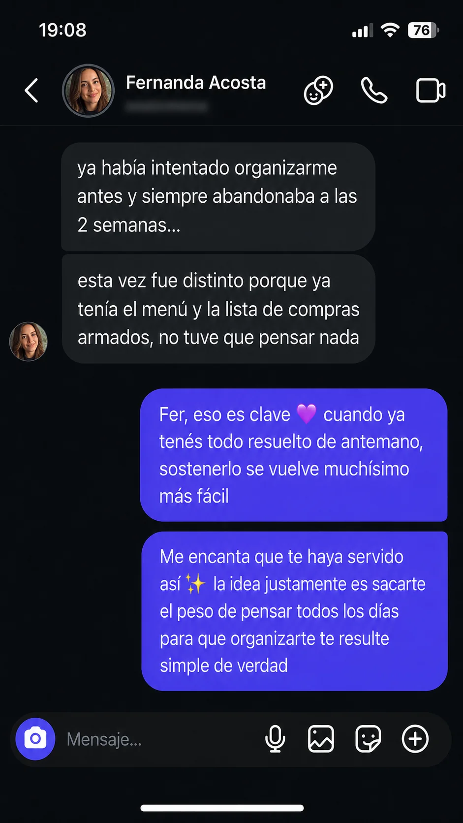 Conversación de Instagram: clienta cuenta que esta vez sostuvo el sistema porque ya tenía el menú y la lista de compras armados