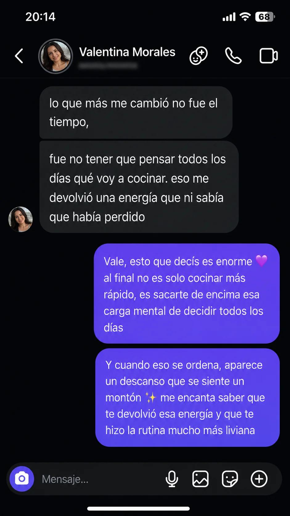 Conversación de Instagram: clienta cuenta que lo que más le cambió fue dejar de pensar todos los días qué cocinar