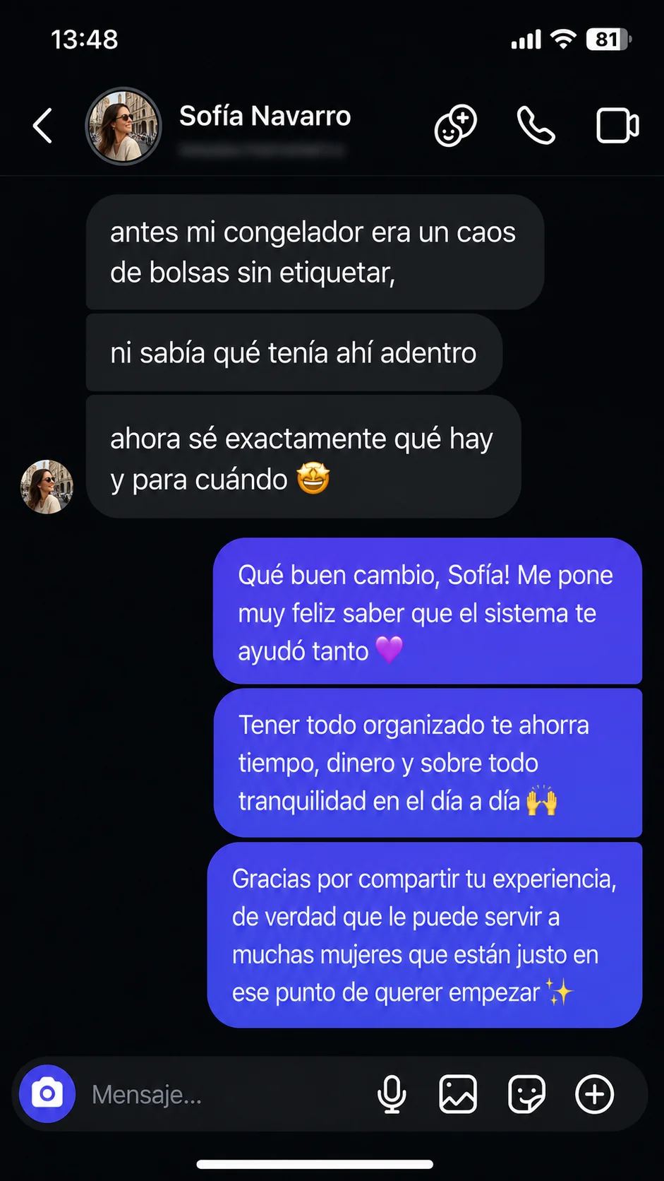 Conversación de Instagram: clienta cuenta que ahora sabe exactamente qué tiene en el freezer y para cuándo